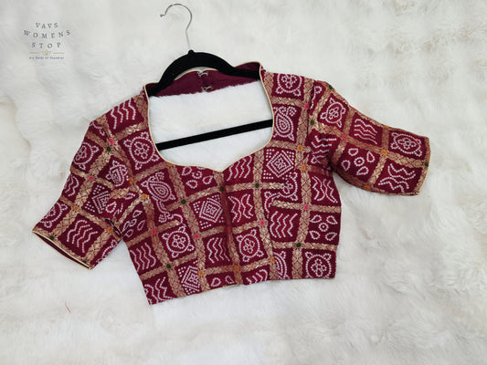 Royal Burgundy Maroon Gharchola Checks Bandhani Munga Benarasi Silk Designer Blouse