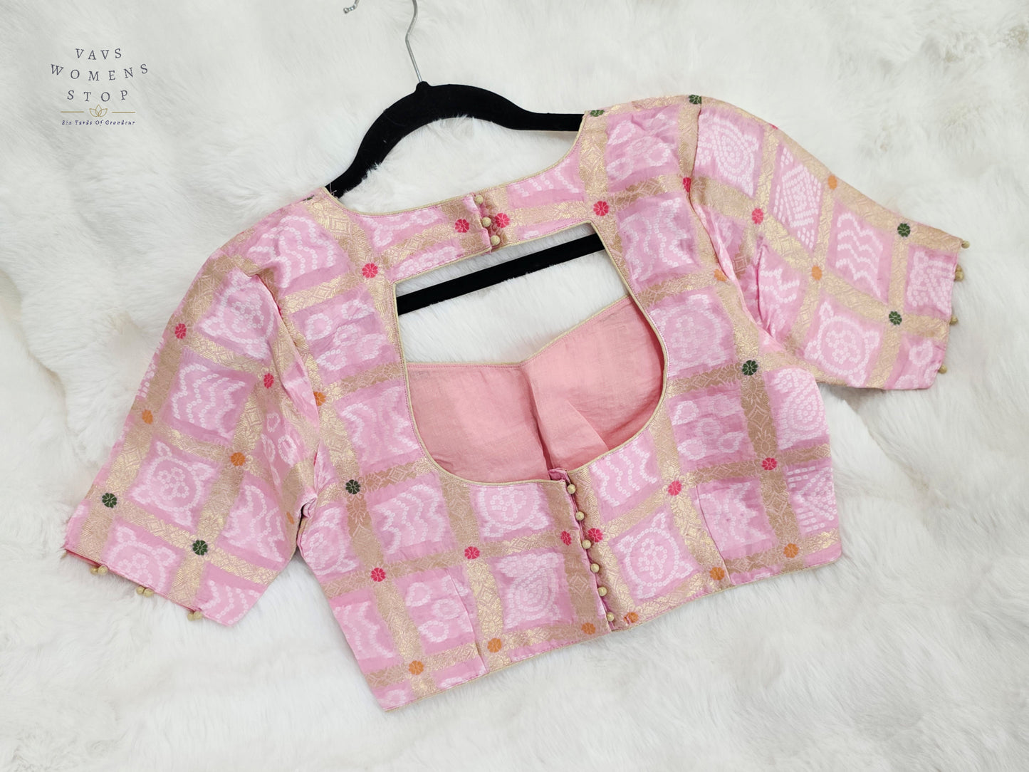 Blush Rose Pink Gharchola Checks Bandhani Munga Benarasi Silk Designer Blouse