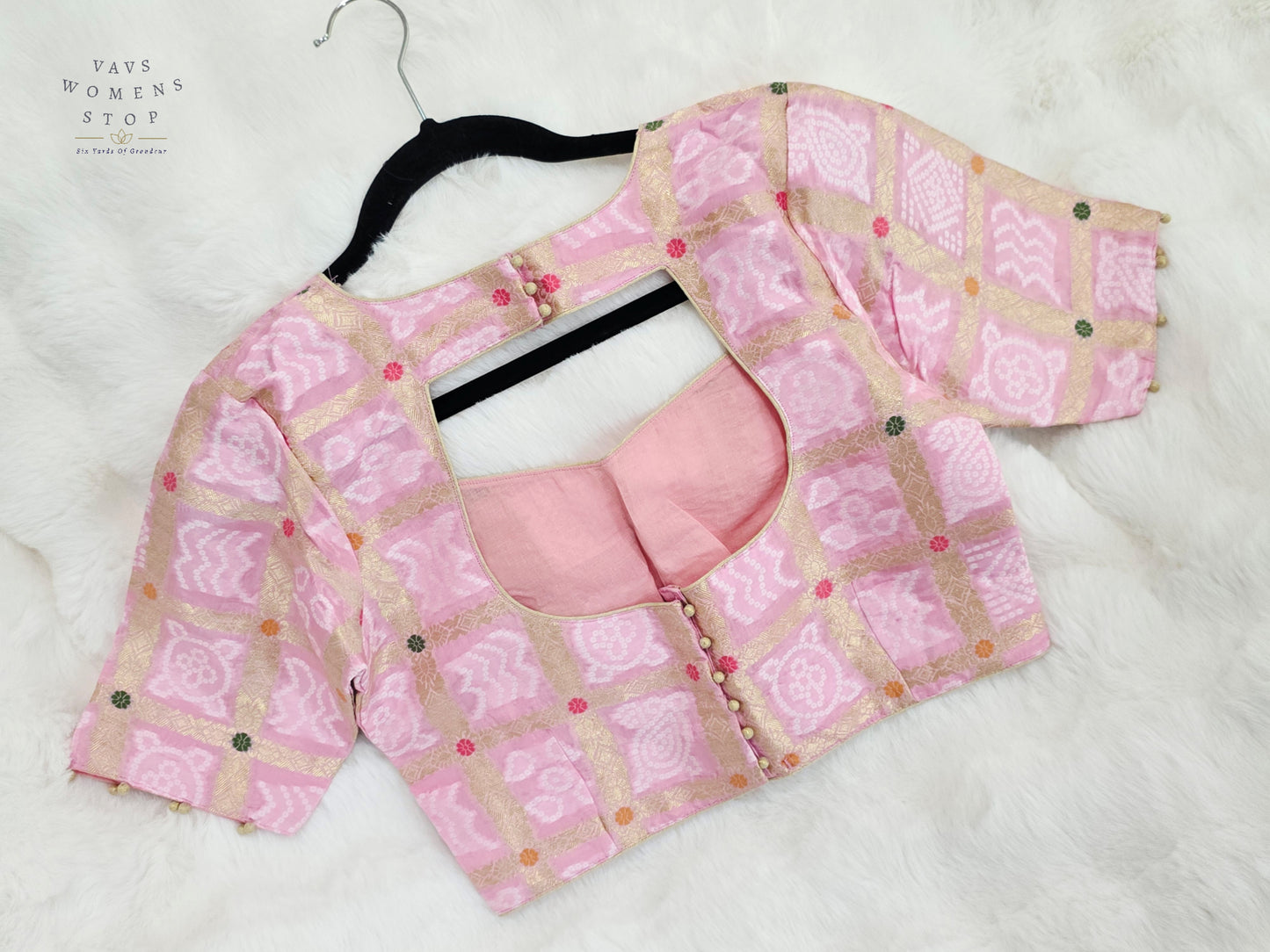 Blush Rose Pink Gharchola Checks Bandhani Munga Benarasi Silk Designer Blouse