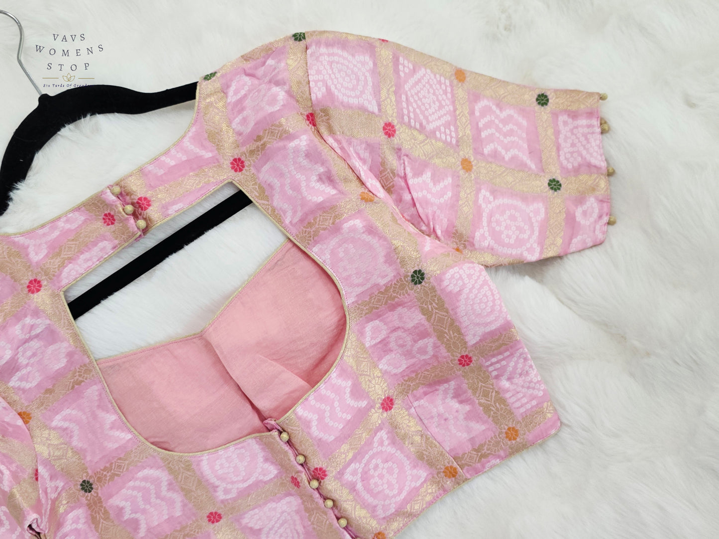 Blush Rose Pink Gharchola Checks Bandhani Munga Benarasi Silk Designer Blouse