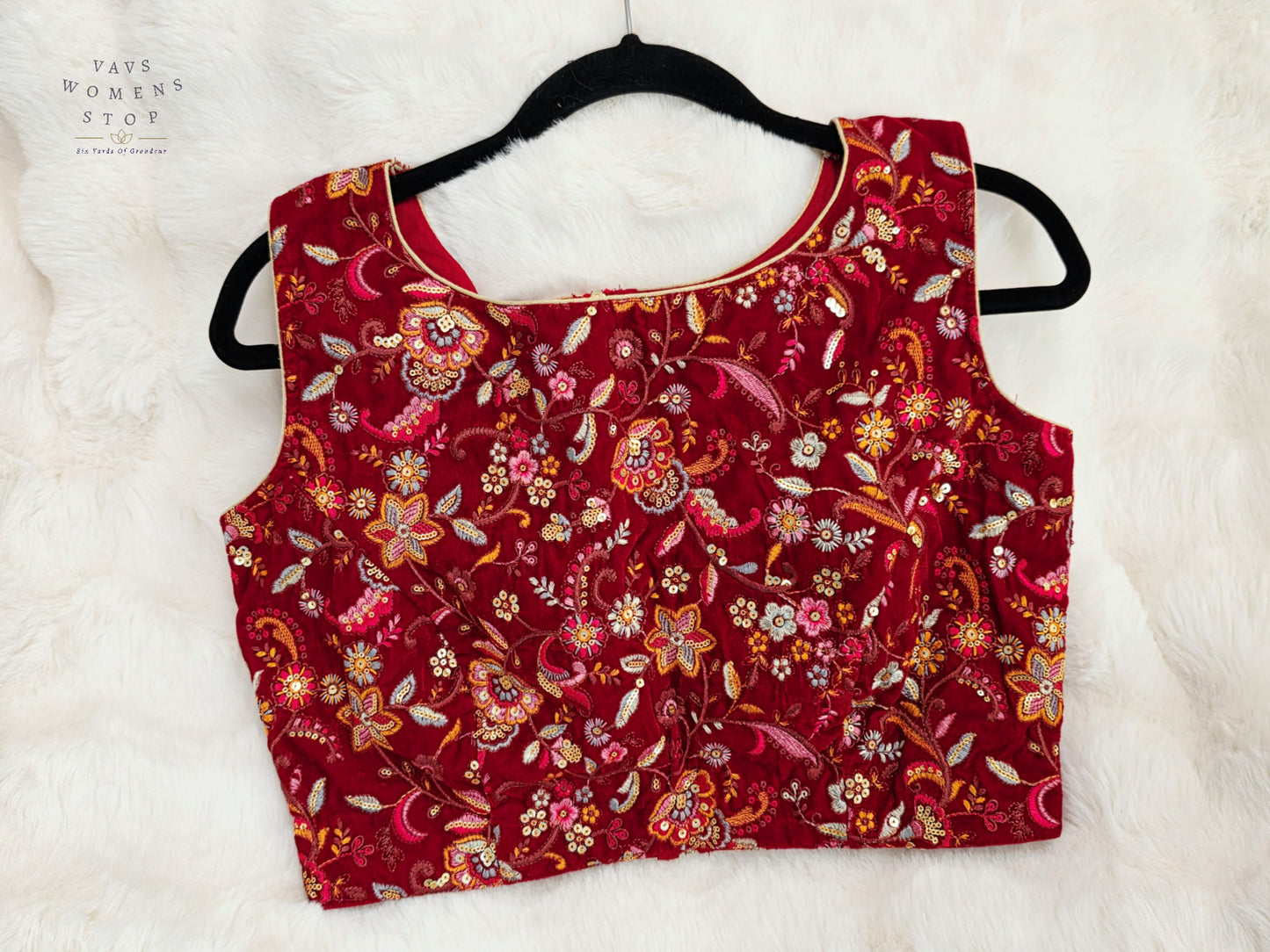 Luxury Royal Ruby Wine Red Floral Embroidered Velvet Designer Blouse | Size 38-44