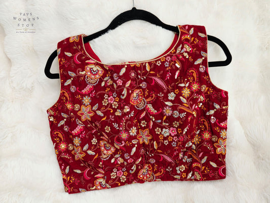 Luxury Royal Ruby Wine Red Floral Embroidered Velvet Designer Blouse | Size 38-44