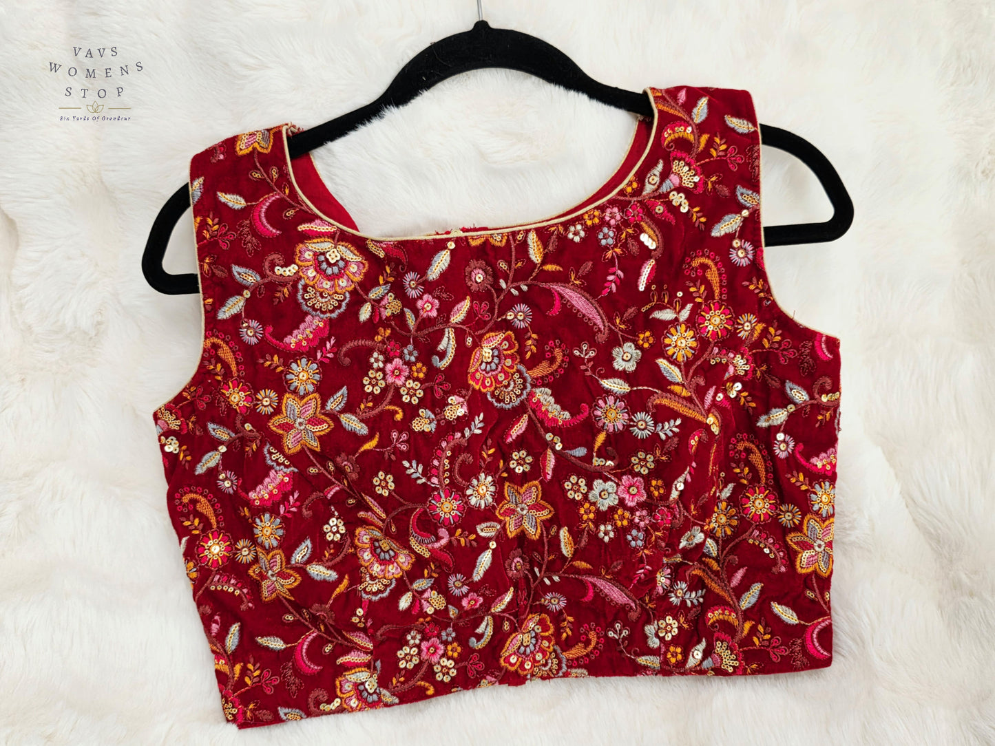 Luxury Royal Ruby Wine Red Floral Embroidered Velvet Designer Blouse | Size 38-44
