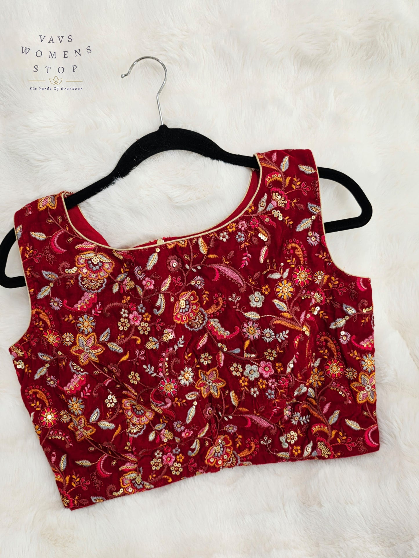 Luxury Royal Ruby Wine Red Floral Embroidered Velvet Designer Blouse | Size 38-44