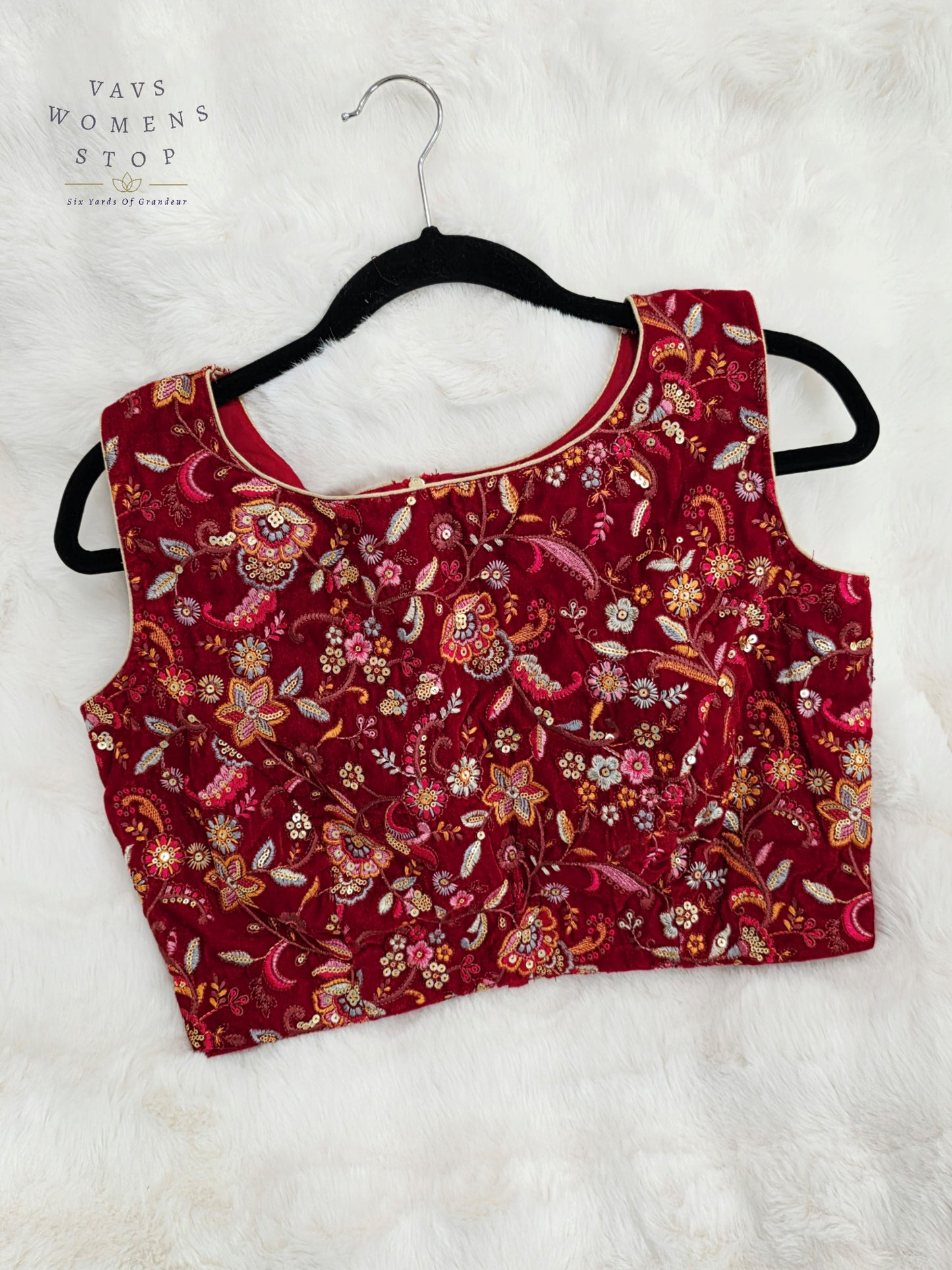 Luxury Royal Ruby Wine Red Floral Embroidered Velvet Designer Blouse | Size 38-44
