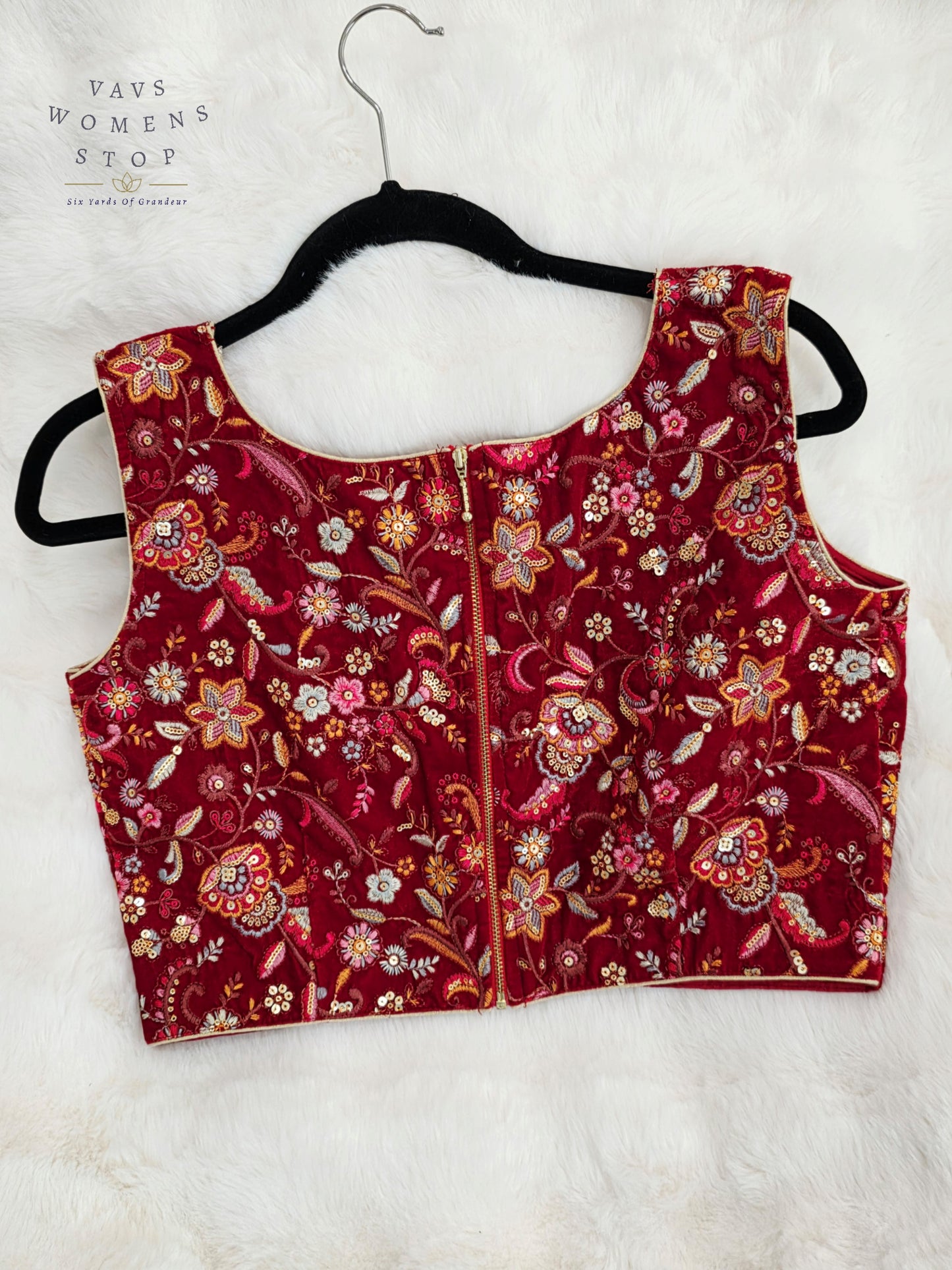 Luxury Royal Ruby Wine Red Floral Embroidered Velvet Designer Blouse | Size 38-44