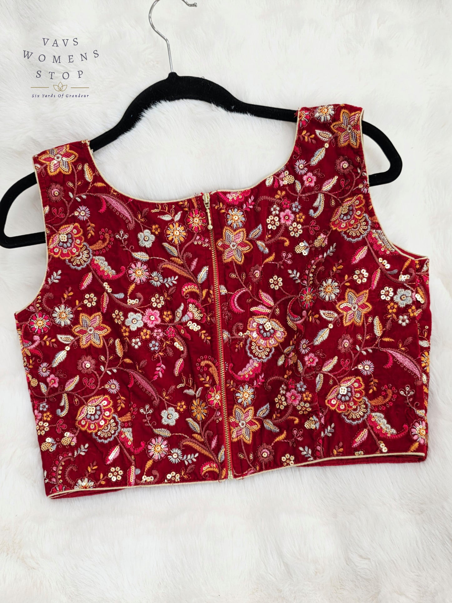 Luxury Royal Ruby Wine Red Floral Embroidered Velvet Designer Blouse | Size 38-44