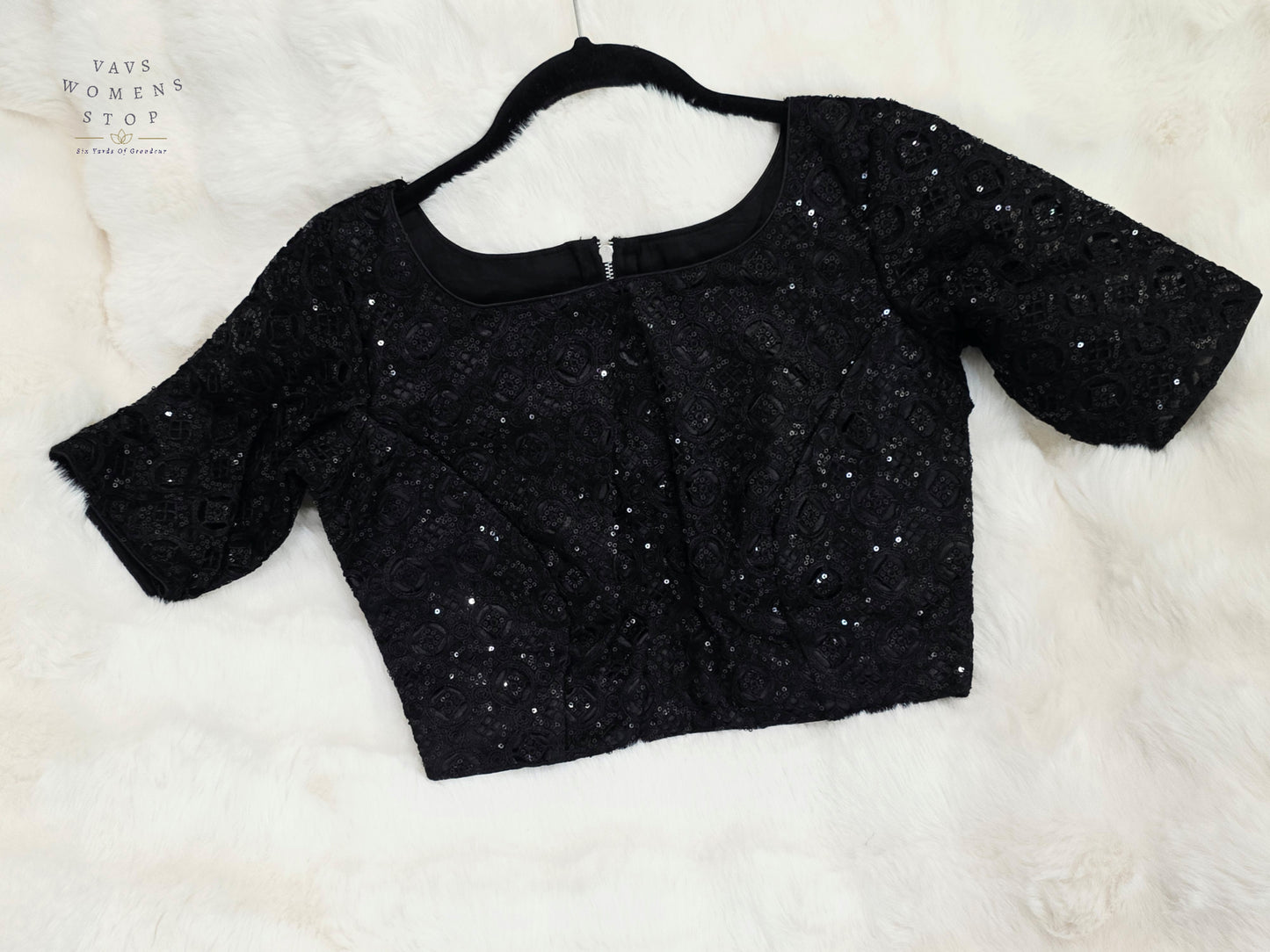 Luxury Midnight Onyx Black Designer Sequin Net Blouse | Premium Party Wear