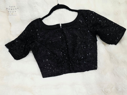 Luxury Midnight Onyx Black Designer Sequin Net Blouse | Premium Party Wear