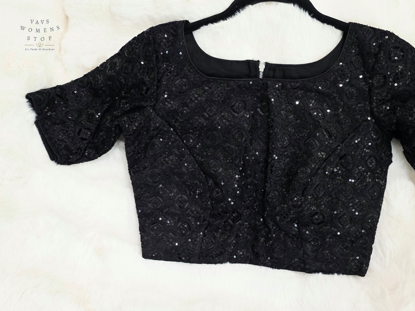Luxury Midnight Onyx Black Designer Sequin Net Blouse | Premium Party Wear