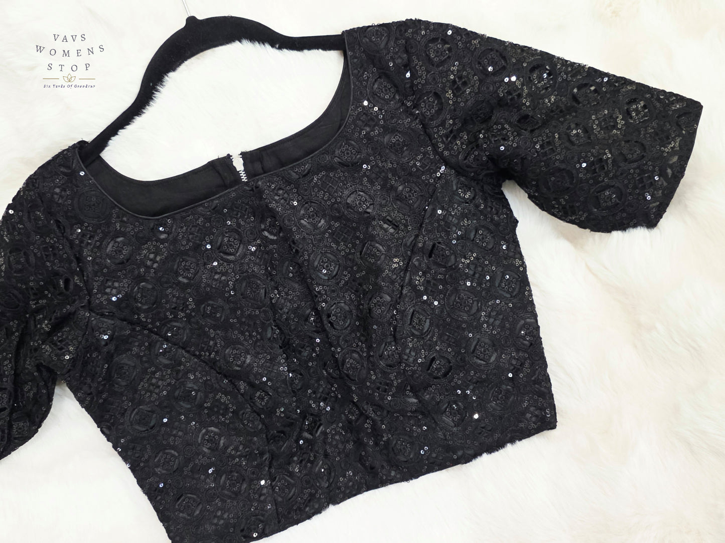 Luxury Midnight Onyx Black Designer Sequin Net Blouse | Premium Party Wear
