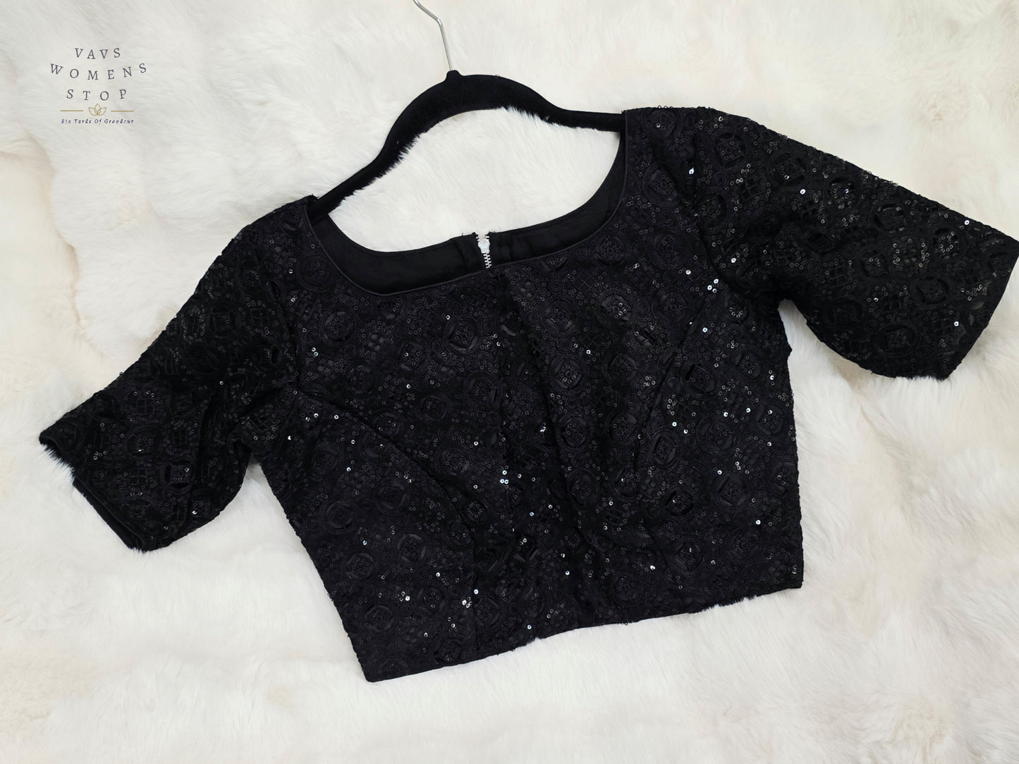 Luxury Midnight Onyx Black Designer Sequin Net Blouse | Premium Party Wear