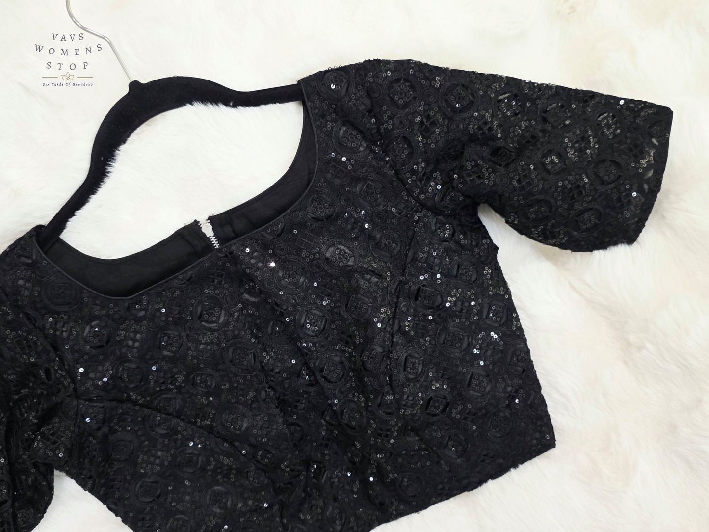 Luxury Midnight Onyx Black Designer Sequin Net Blouse | Premium Party Wear