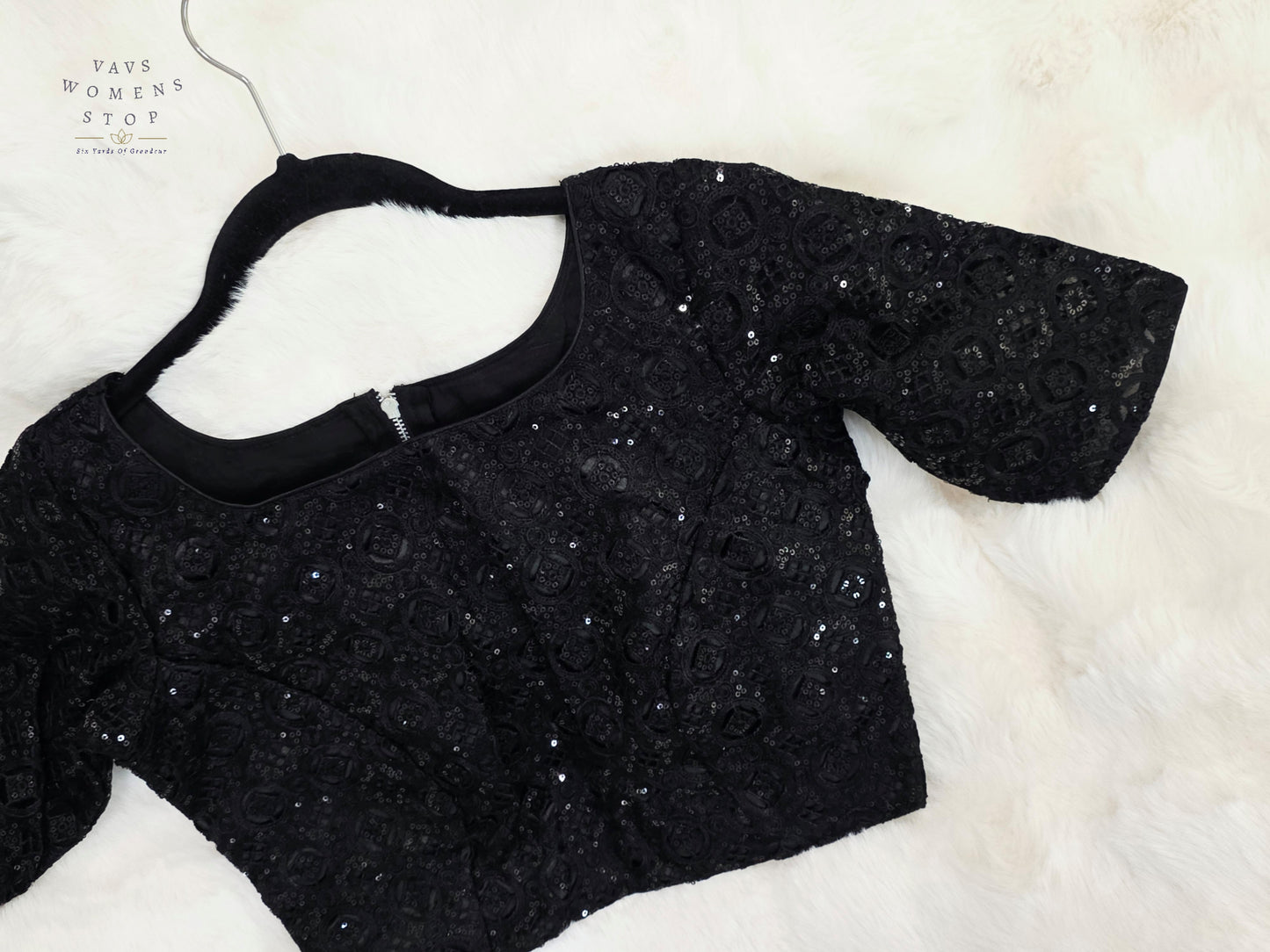 Luxury Midnight Onyx Black Designer Sequin Net Blouse | Premium Party Wear