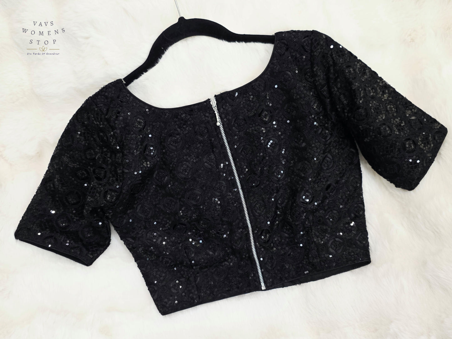 Luxury Midnight Onyx Black Designer Sequin Net Blouse | Premium Party Wear