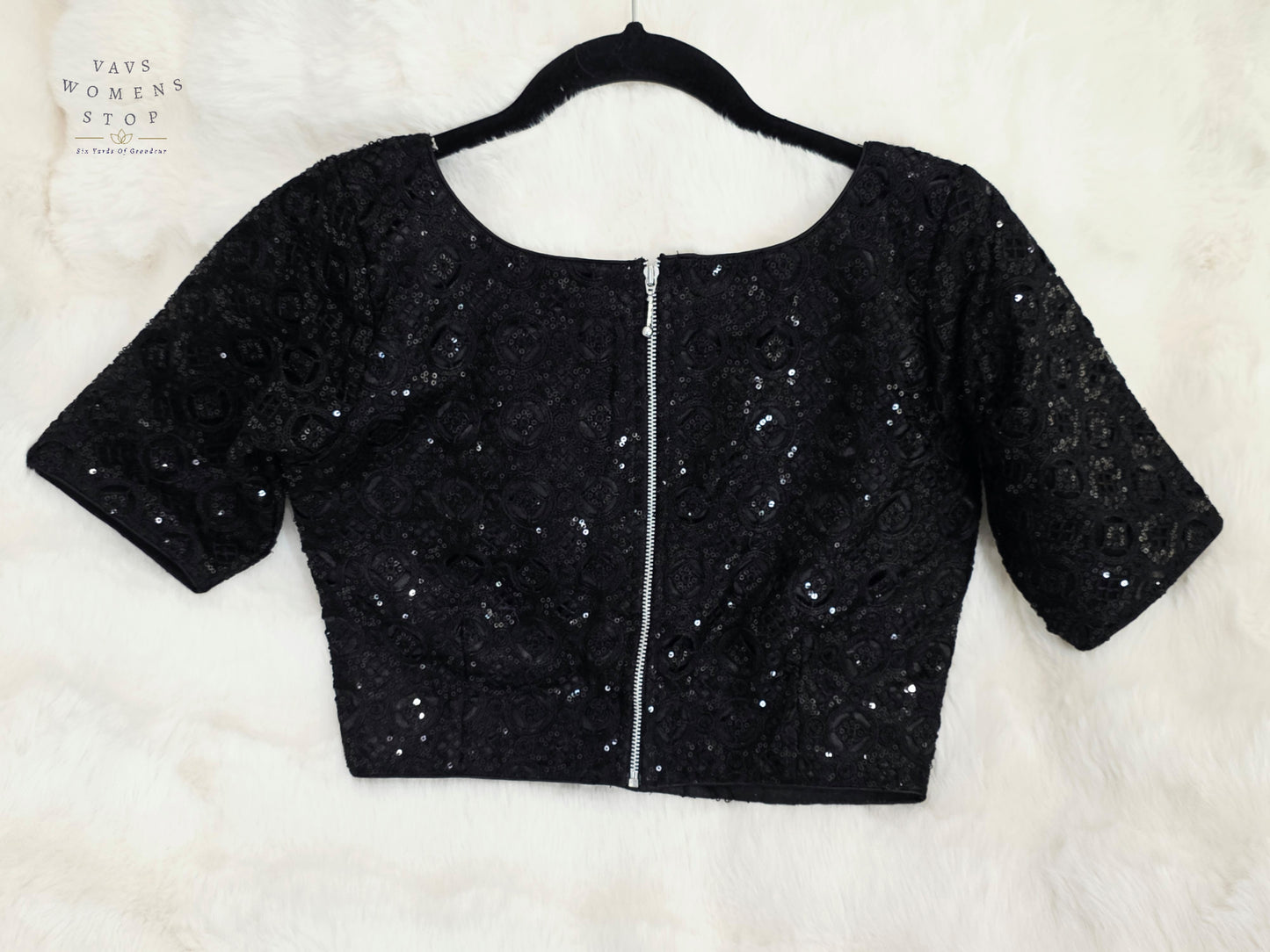 Luxury Midnight Onyx Black Designer Sequin Net Blouse | Premium Party Wear