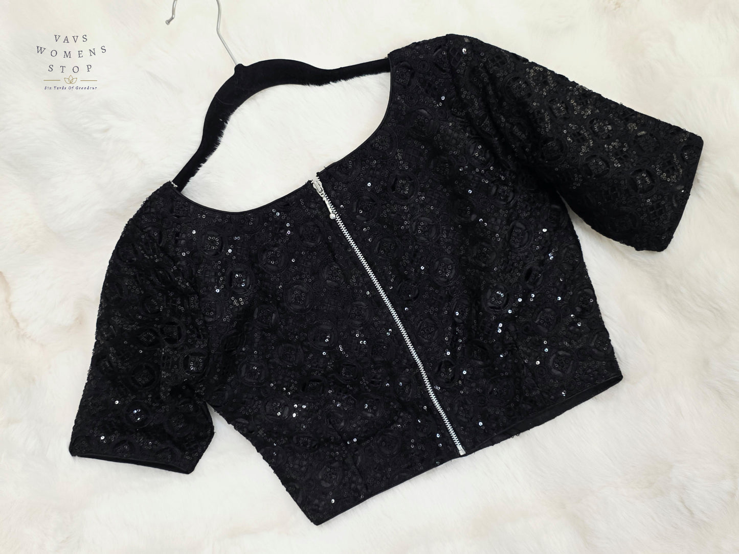 Luxury Midnight Onyx Black Designer Sequin Net Blouse | Premium Party Wear
