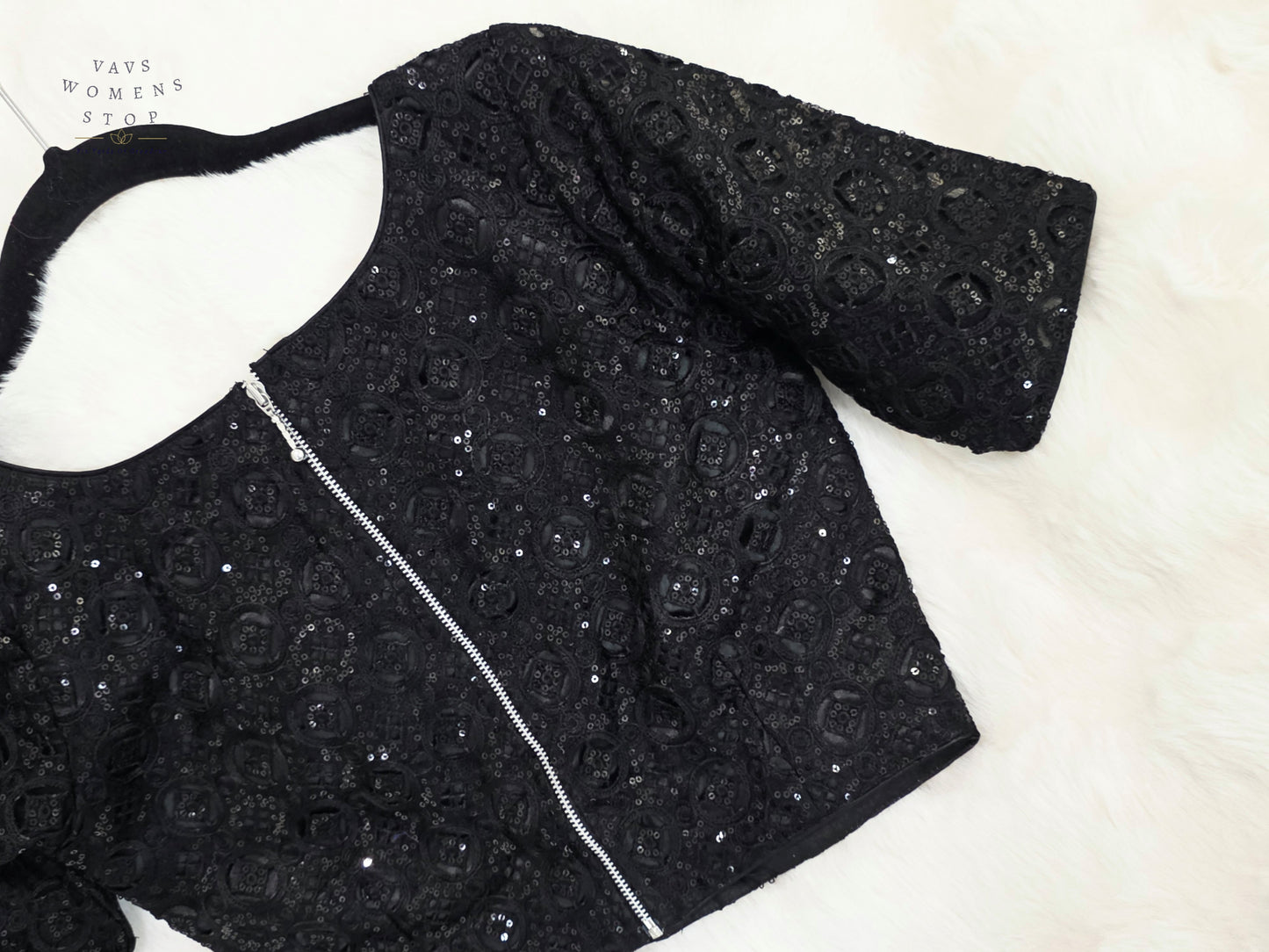 Luxury Midnight Onyx Black Designer Sequin Net Blouse | Premium Party Wear