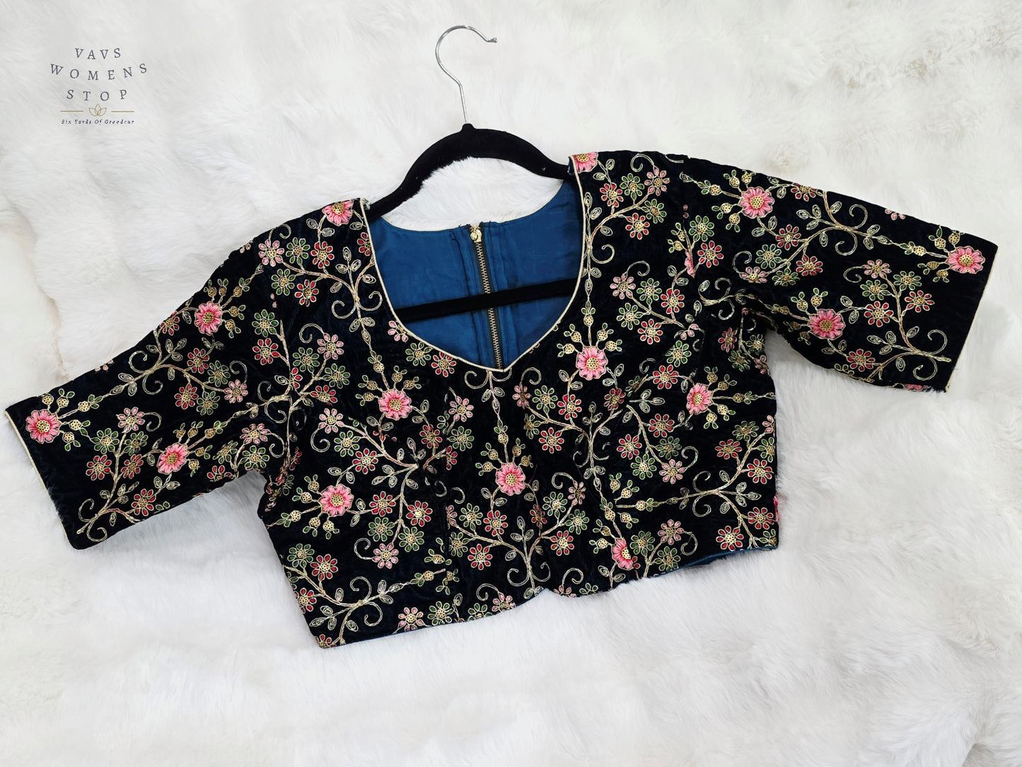 Luxury Royal Darkest Teal Blue Velvet Floral Embroidered Designer Blouse | Size 40-46