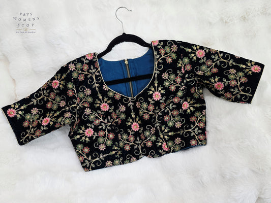 Luxury Royal Darkest Teal Blue Velvet Floral Embroidered Designer Blouse | Size 40-46