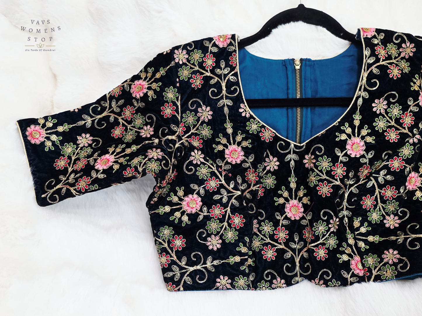 Luxury Royal Darkest Teal Blue Velvet Floral Embroidered Designer Blouse | Size 40-46