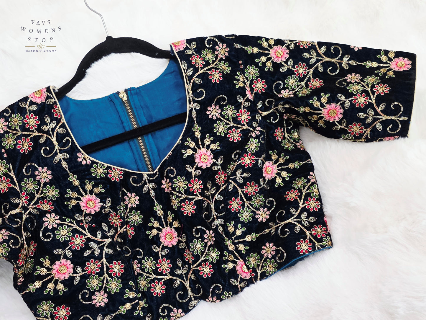 Luxury Royal Darkest Teal Blue Velvet Floral Embroidered Designer Blouse | Size 40-46