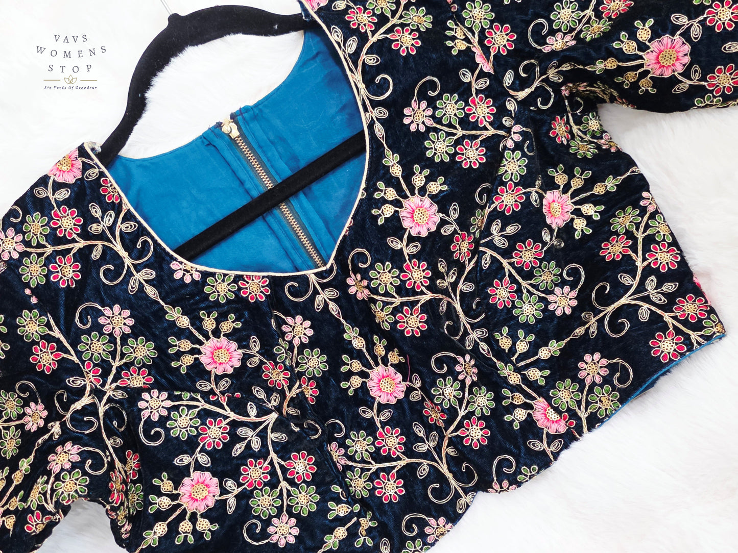 Luxury Royal Darkest Teal Blue Velvet Floral Embroidered Designer Blouse | Size 40-46
