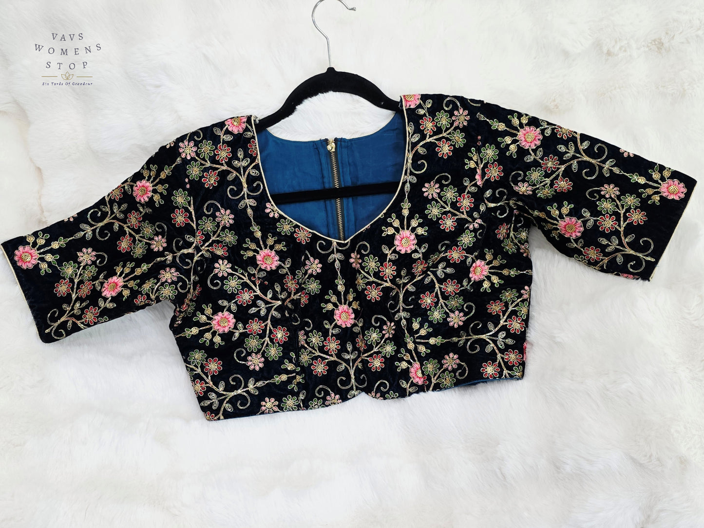 Luxury Royal Darkest Teal Blue Velvet Floral Embroidered Designer Blouse | Size 40-46