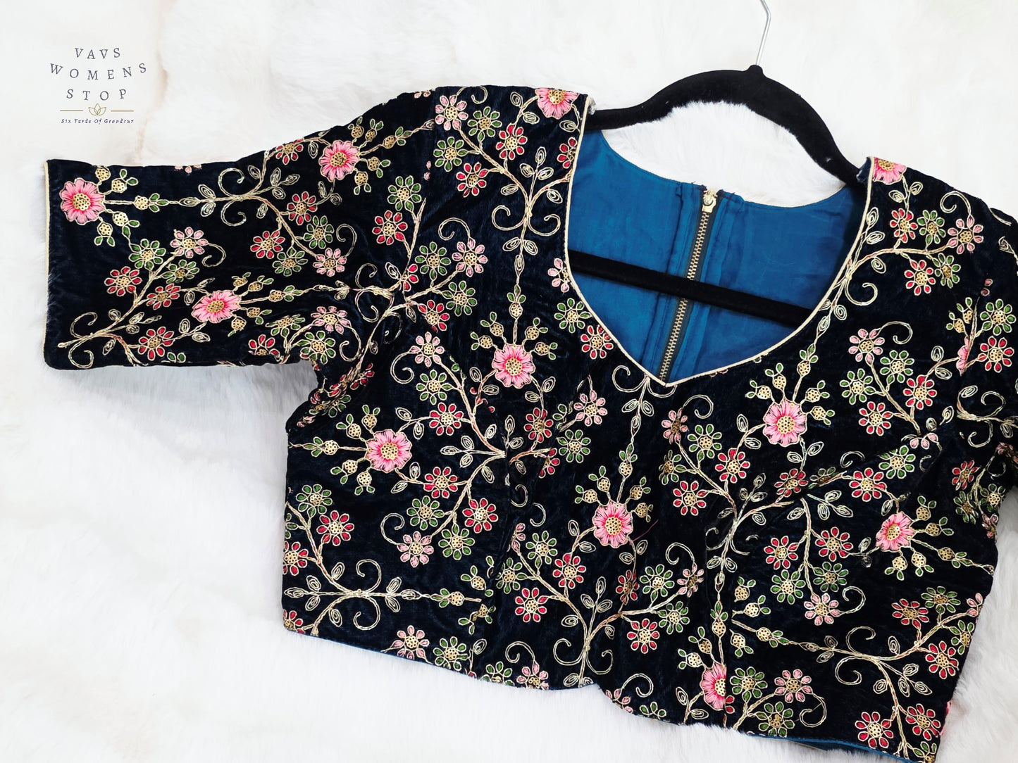 Luxury Royal Darkest Teal Blue Velvet Floral Embroidered Designer Blouse | Size 40-46