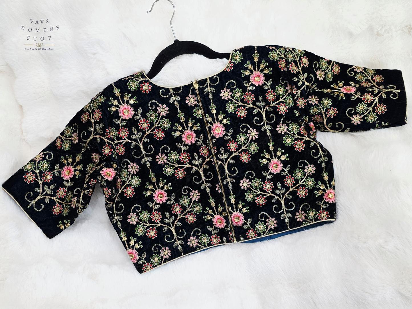 Luxury Royal Darkest Teal Blue Velvet Floral Embroidered Designer Blouse | Size 40-46