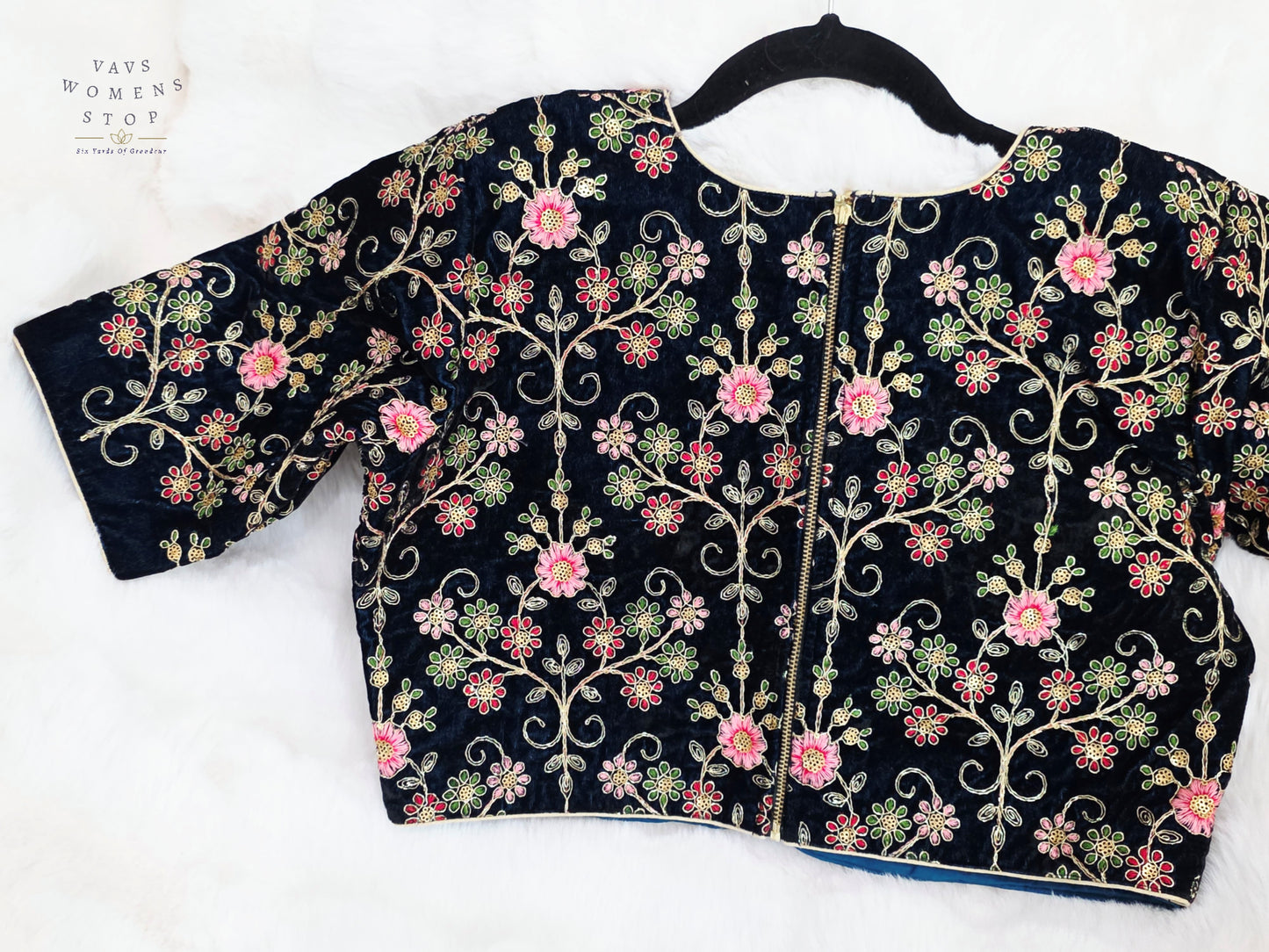 Luxury Royal Darkest Teal Blue Velvet Floral Embroidered Designer Blouse | Size 40-46