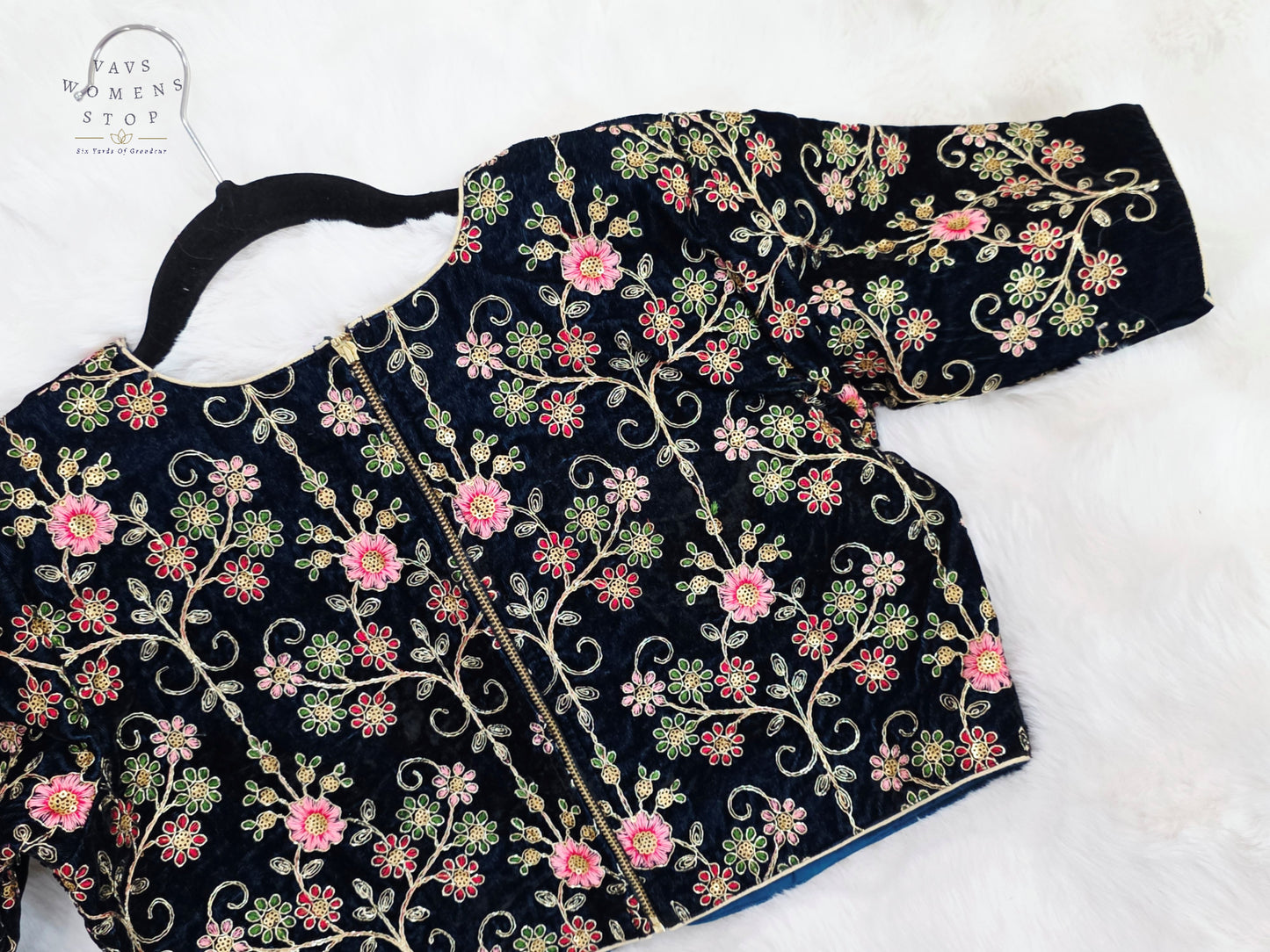 Luxury Royal Darkest Teal Blue Velvet Floral Embroidered Designer Blouse | Size 40-46