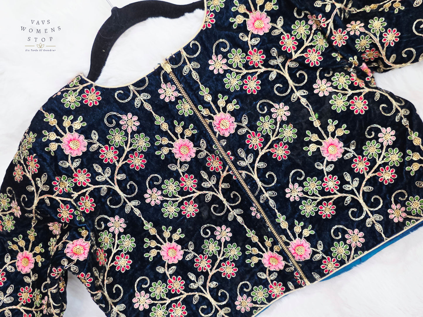 Luxury Royal Darkest Teal Blue Velvet Floral Embroidered Designer Blouse | Size 40-46