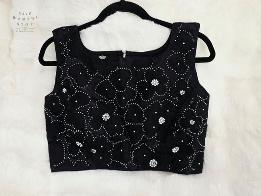 Luxury Midnight Onyx Black Designer Net Embroidered Blouse with Crystal Floral Work
