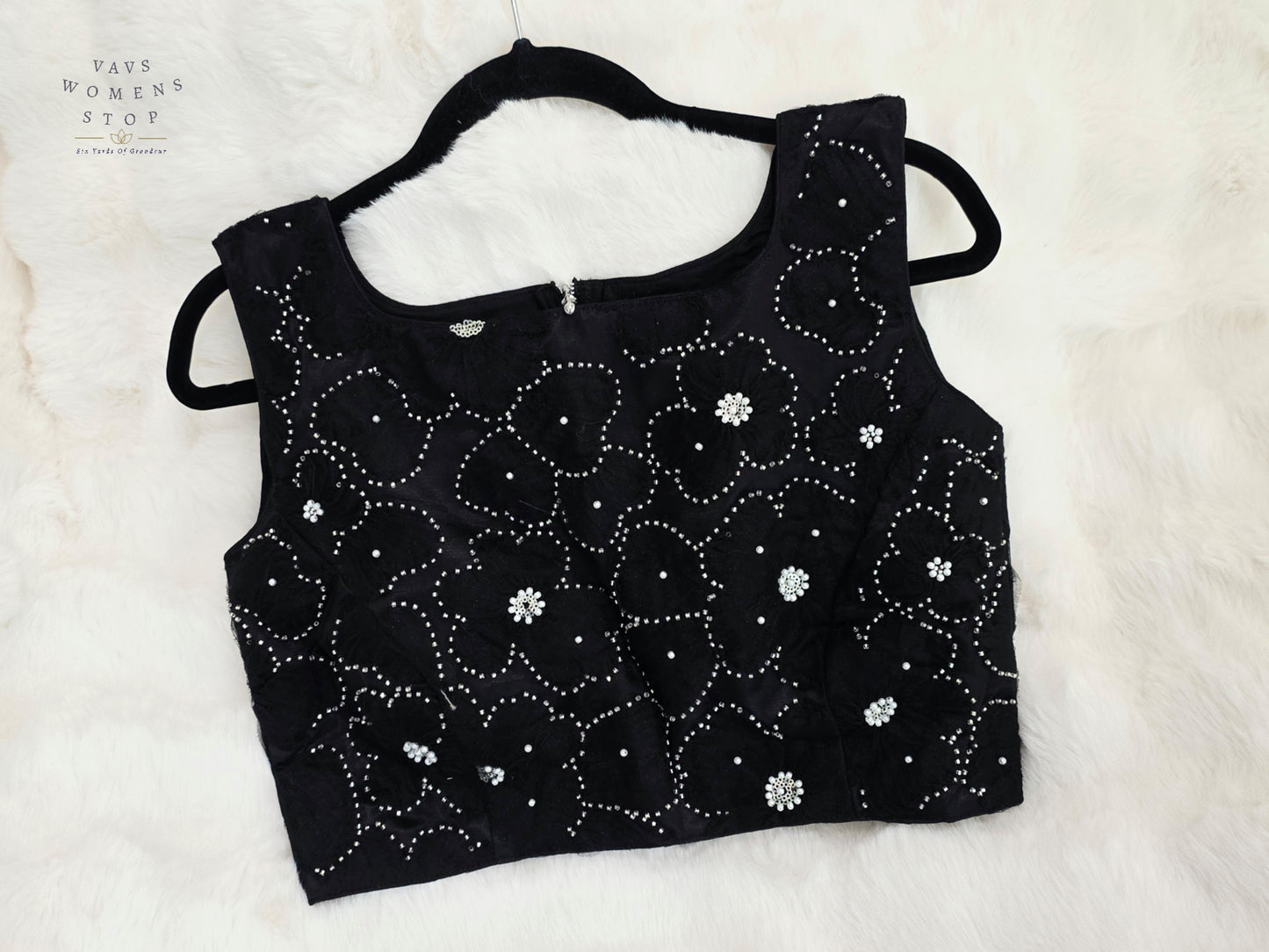 Luxury Midnight Onyx Black Designer Net Embroidered Blouse with Crystal Floral Work