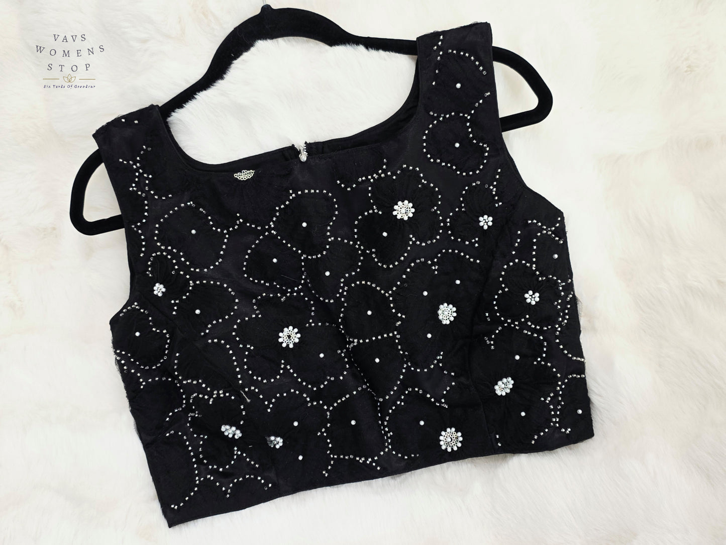 Luxury Midnight Onyx Black Designer Net Embroidered Blouse with Crystal Floral Work