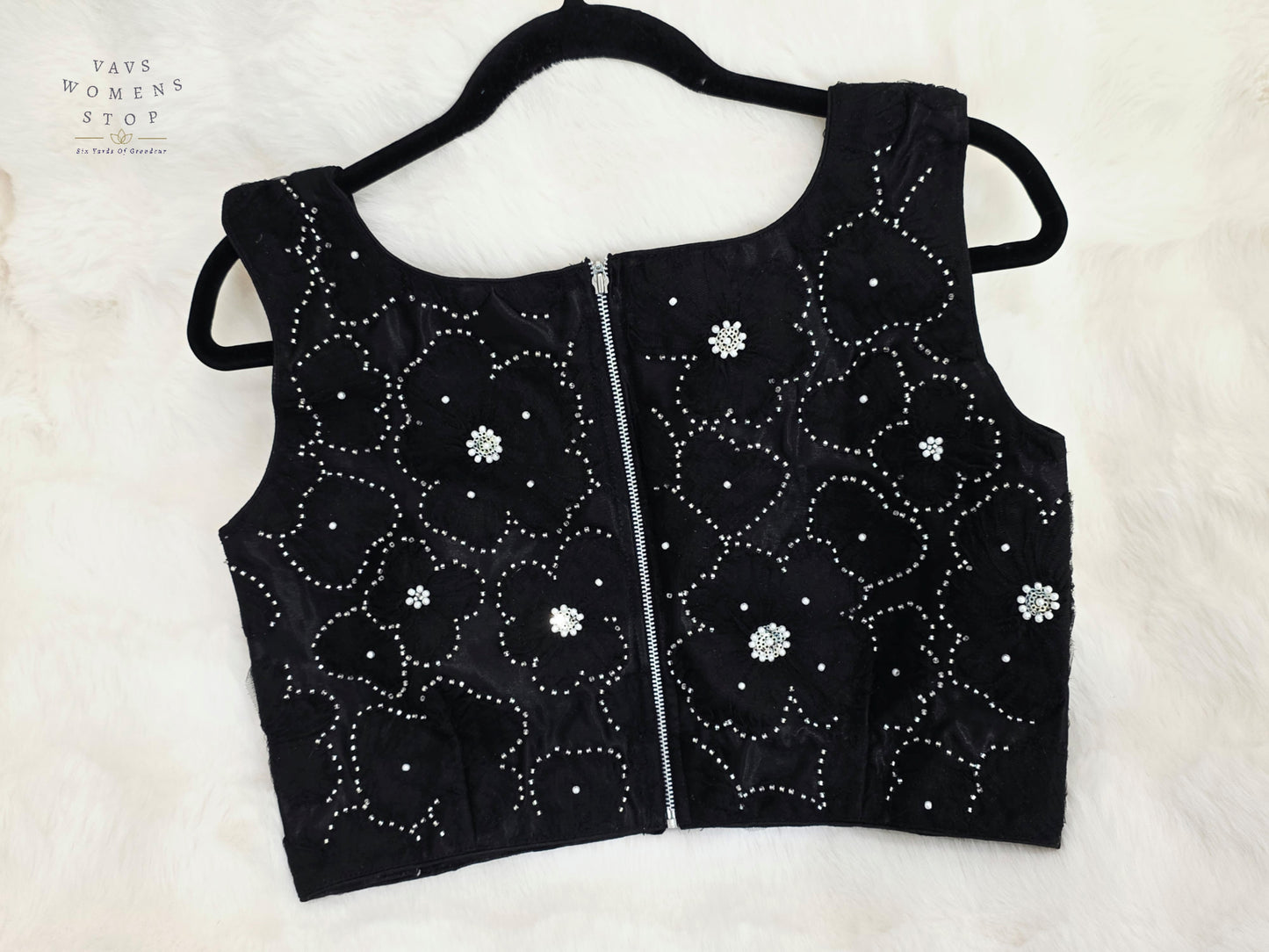 Luxury Midnight Onyx Black Designer Net Embroidered Blouse with Crystal Floral Work
