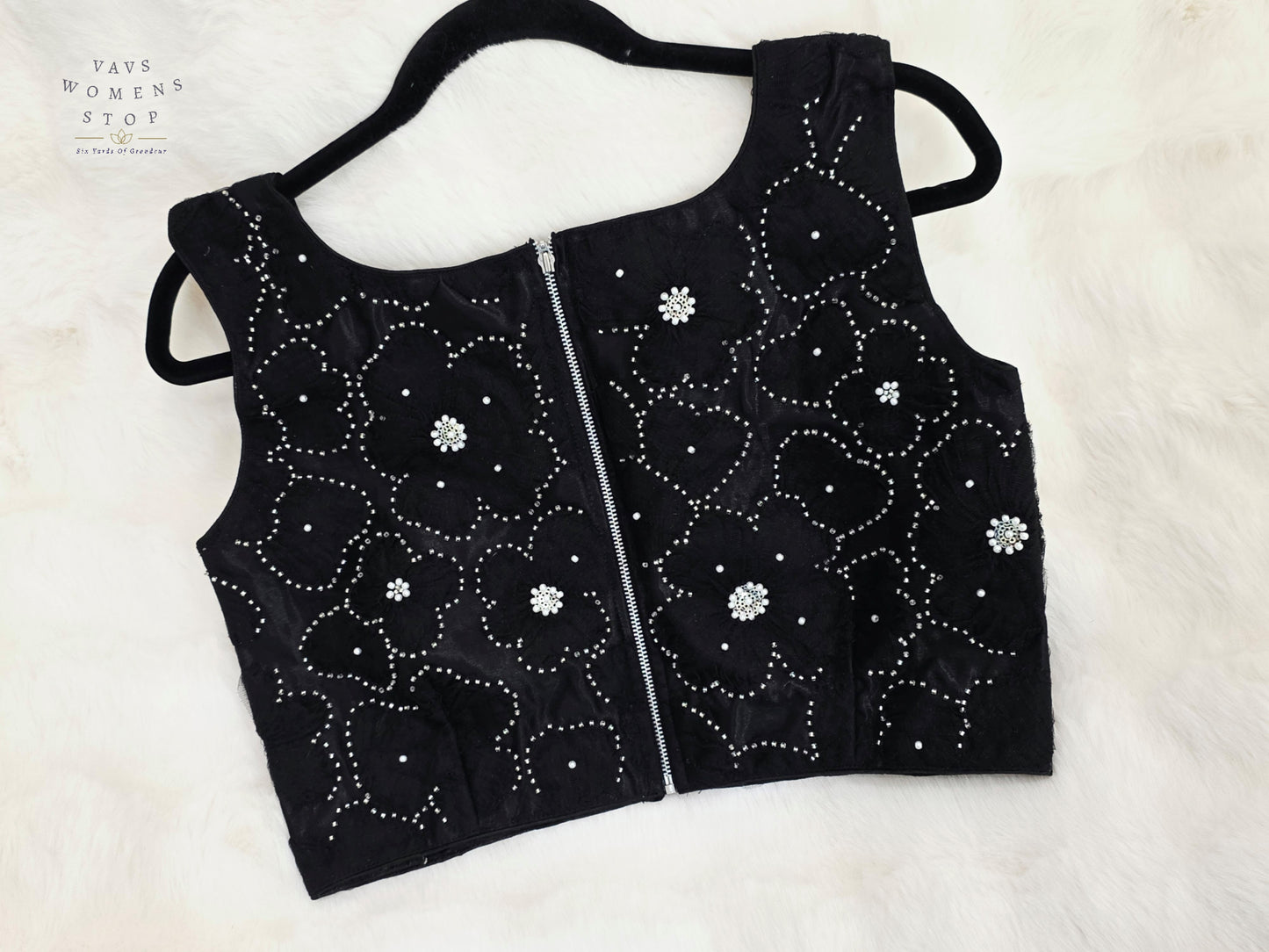 Luxury Midnight Onyx Black Designer Net Embroidered Blouse with Crystal Floral Work