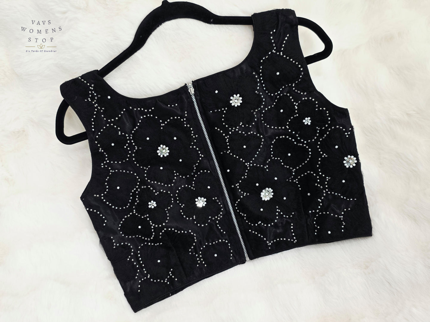 Luxury Midnight Onyx Black Designer Net Embroidered Blouse with Crystal Floral Work