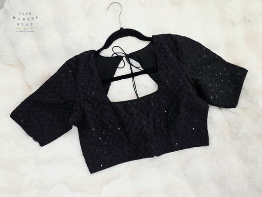 Midnight Noir Cotton Chikankari Style Embroidered Sequins Designer Blouse