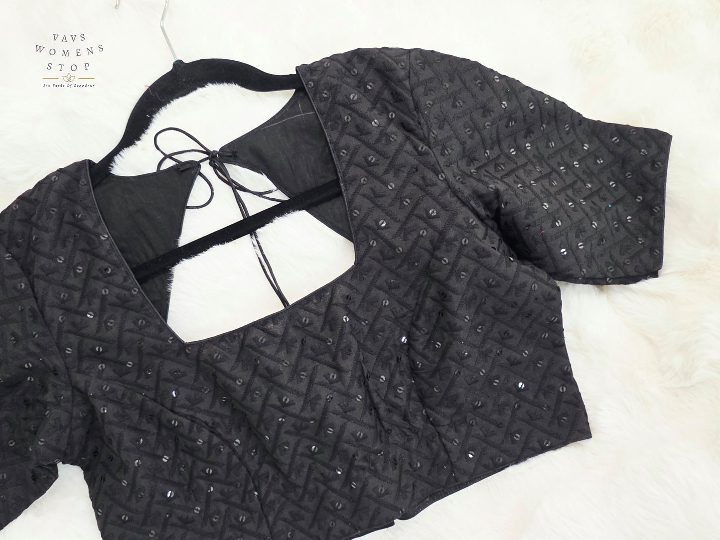 Midnight Noir Cotton Chikankari Style Embroidered Sequins Designer Blouse