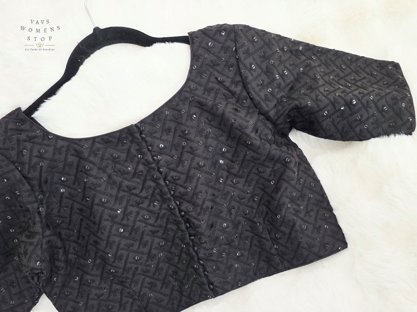 Midnight Noir Cotton Chikankari Style Embroidered Sequins Designer Blouse