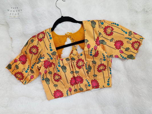 Golden Marigold Yellow Tussar Rawsilk Kalamkari Lotus Print Designer Stitched Blouse