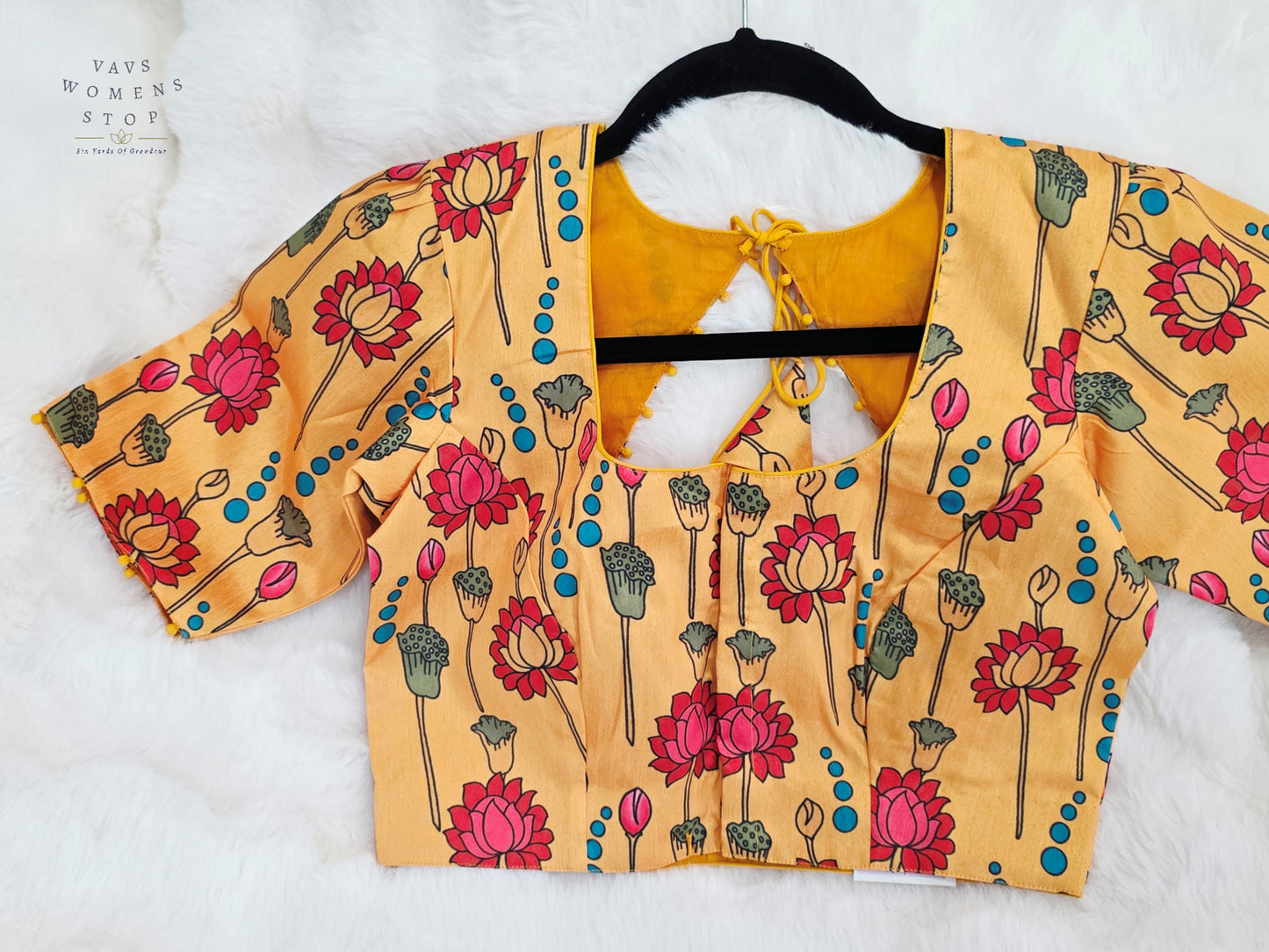 Golden Marigold Yellow Tussar Rawsilk Kalamkari Lotus Print Designer Stitched Blouse