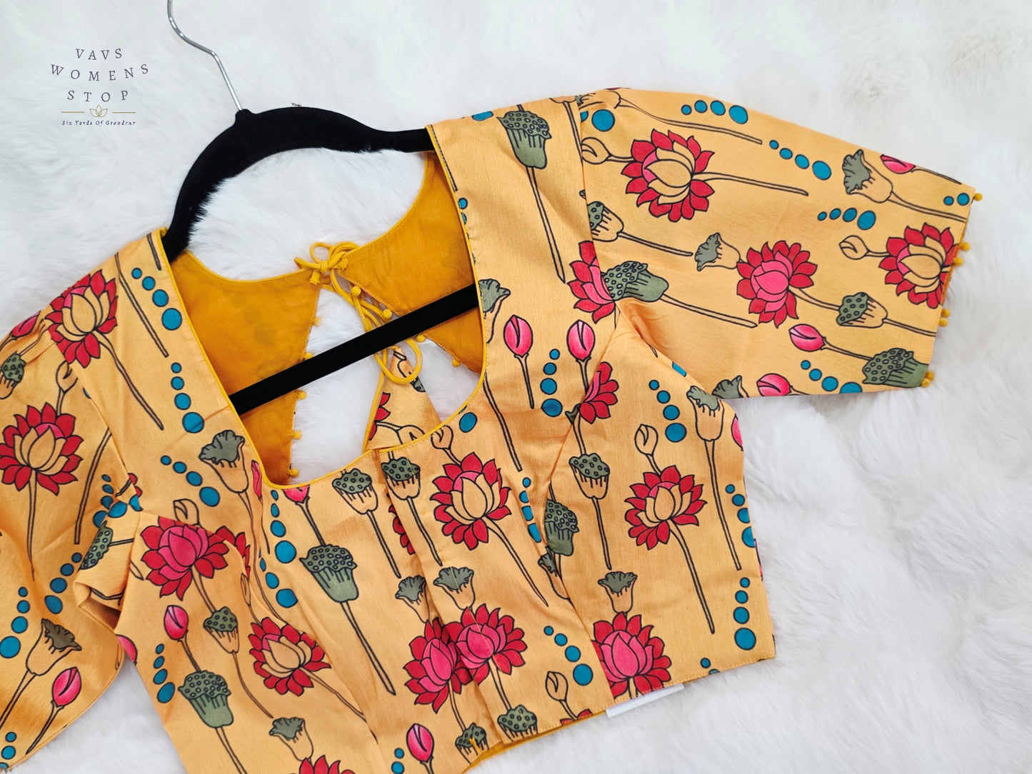 Golden Marigold Yellow Tussar Rawsilk Kalamkari Lotus Print Designer Stitched Blouse