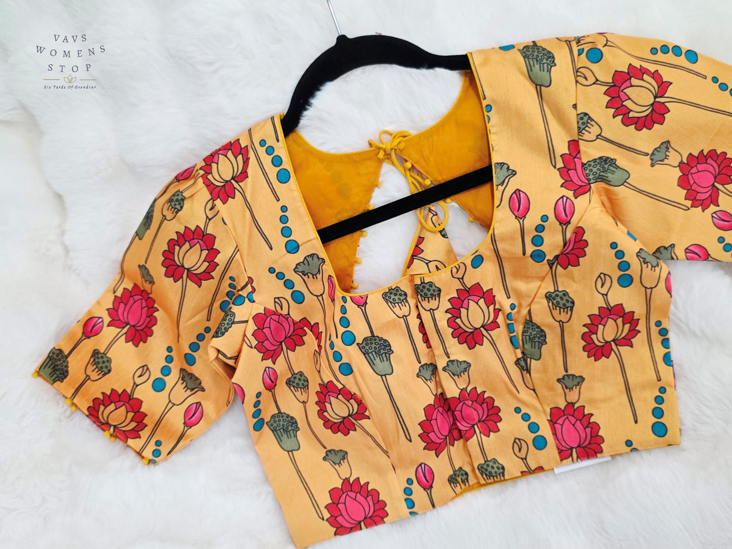 Golden Marigold Yellow Tussar Rawsilk Kalamkari Lotus Print Designer Stitched Blouse