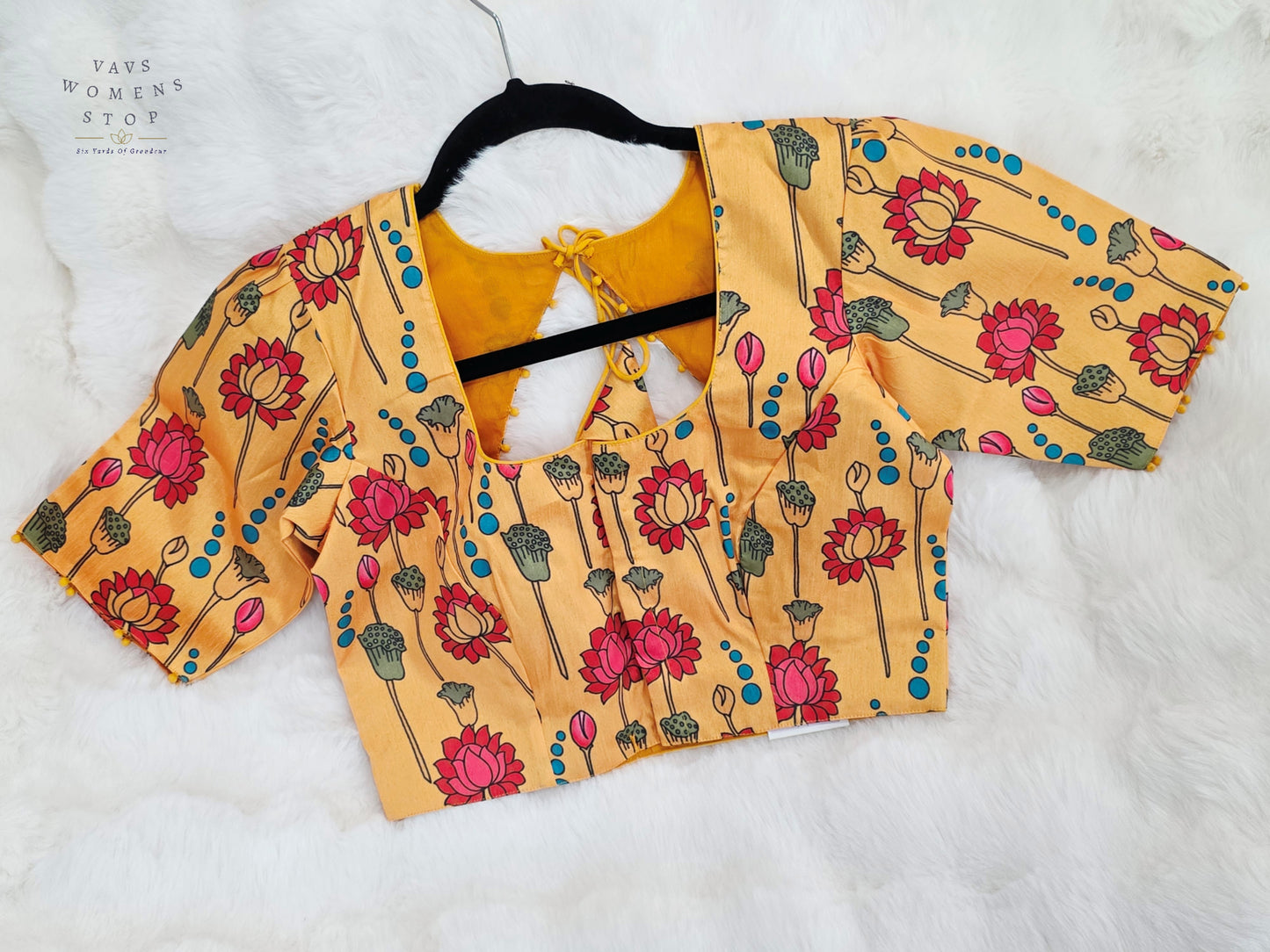 Golden Marigold Yellow Tussar Rawsilk Kalamkari Lotus Print Designer Stitched Blouse
