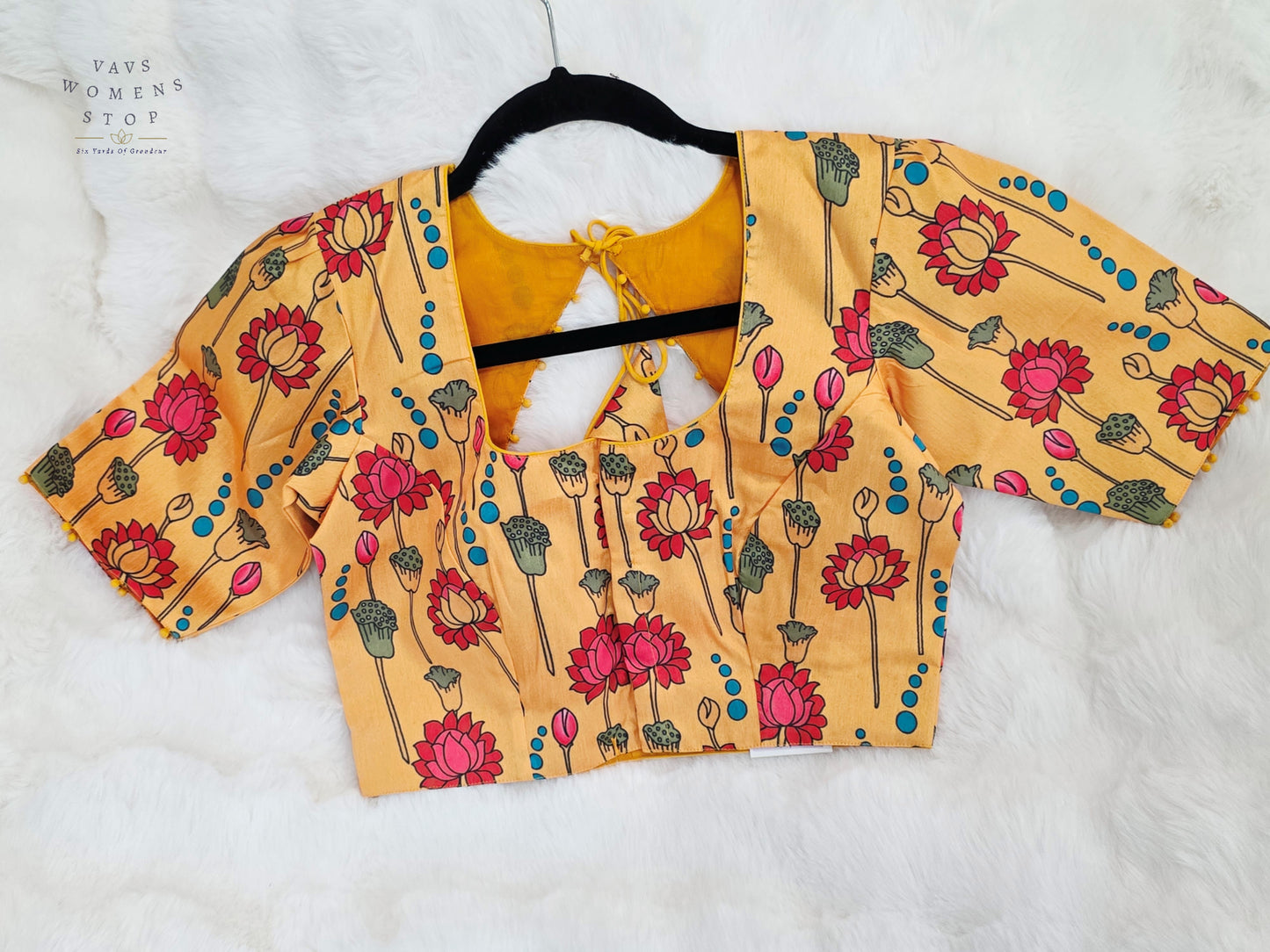Golden Marigold Yellow Tussar Rawsilk Kalamkari Lotus Print Designer Stitched Blouse