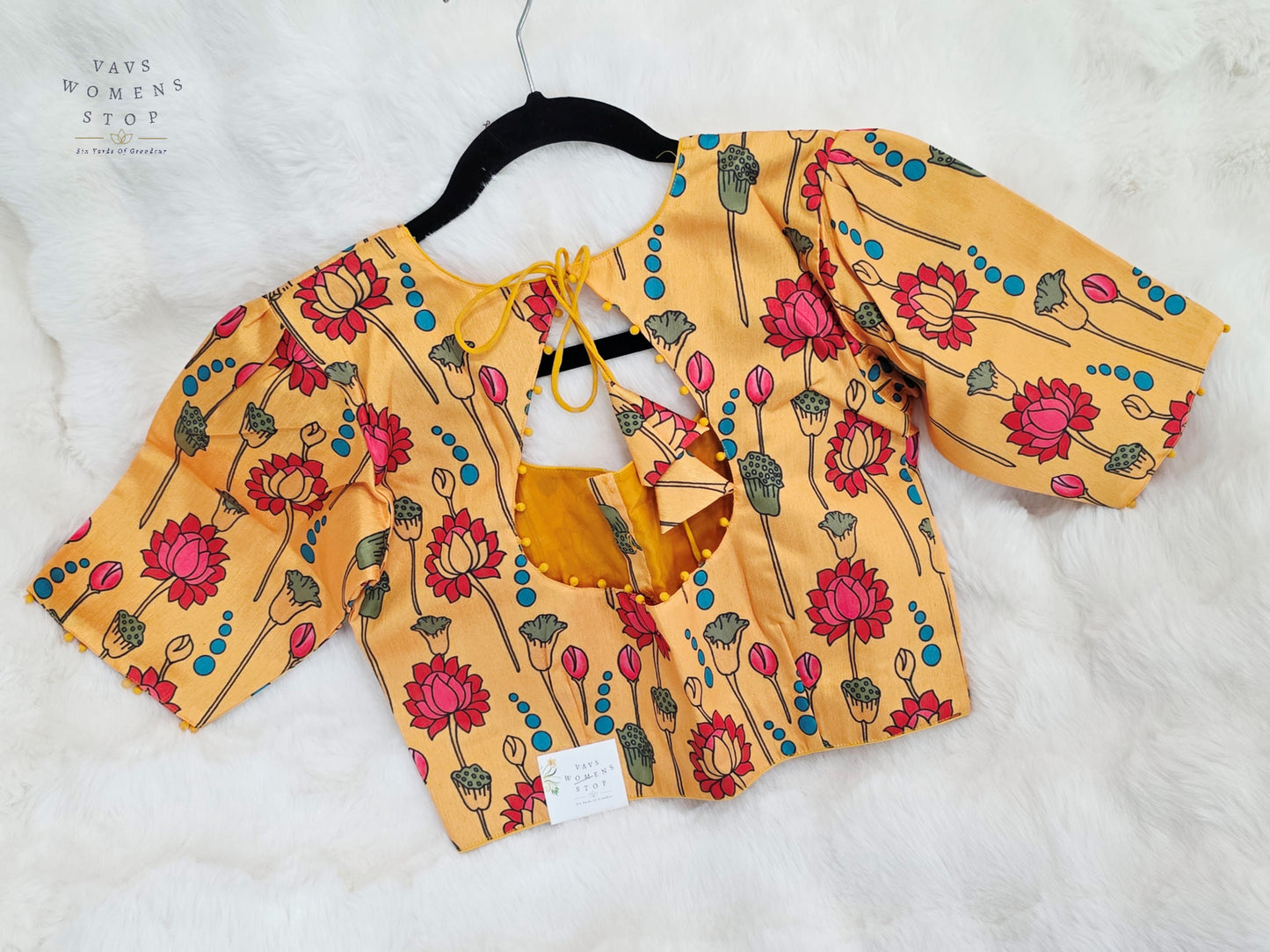 Golden Marigold Yellow Tussar Rawsilk Kalamkari Lotus Print Designer Stitched Blouse