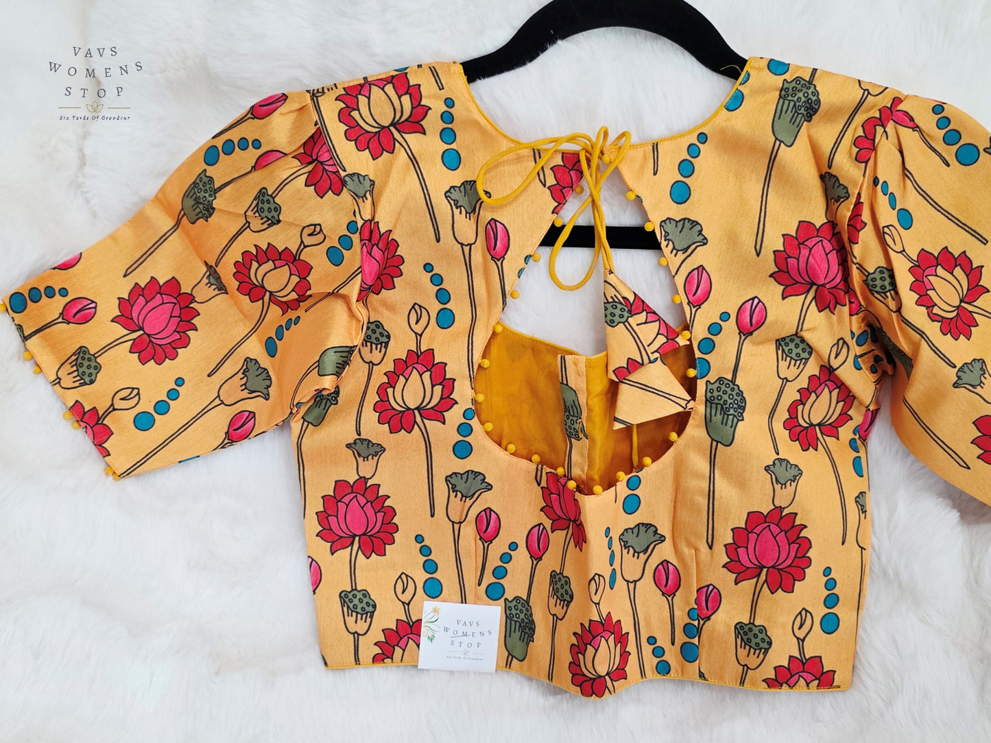 Golden Marigold Yellow Tussar Rawsilk Kalamkari Lotus Print Designer Stitched Blouse